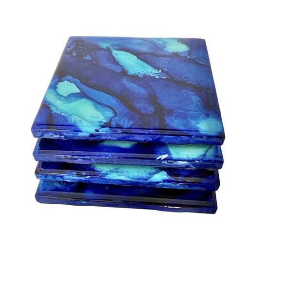 Coasters Lot 4 Art Glass Tiles Blue Green Abstract Artisan Square Cork 4.25 Inch - Picture 5 of 12